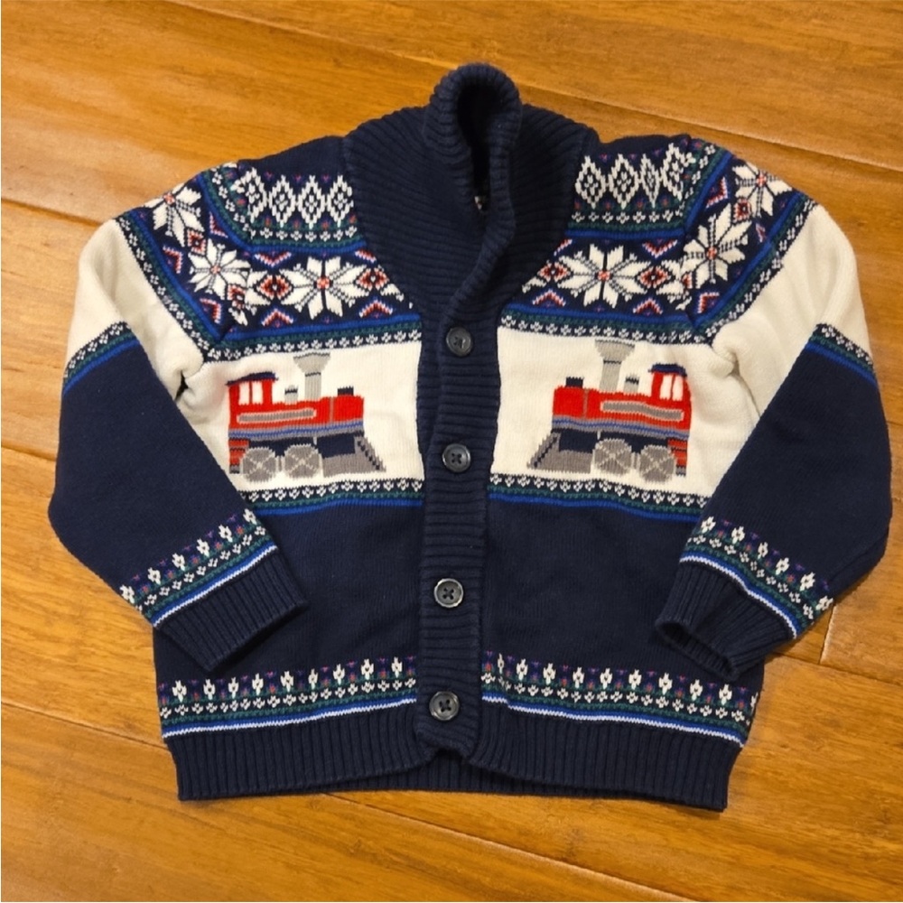 USED ONCE Janie and Jack Navy and Cream Train CHRISTMAS 100% COTTON cardigan